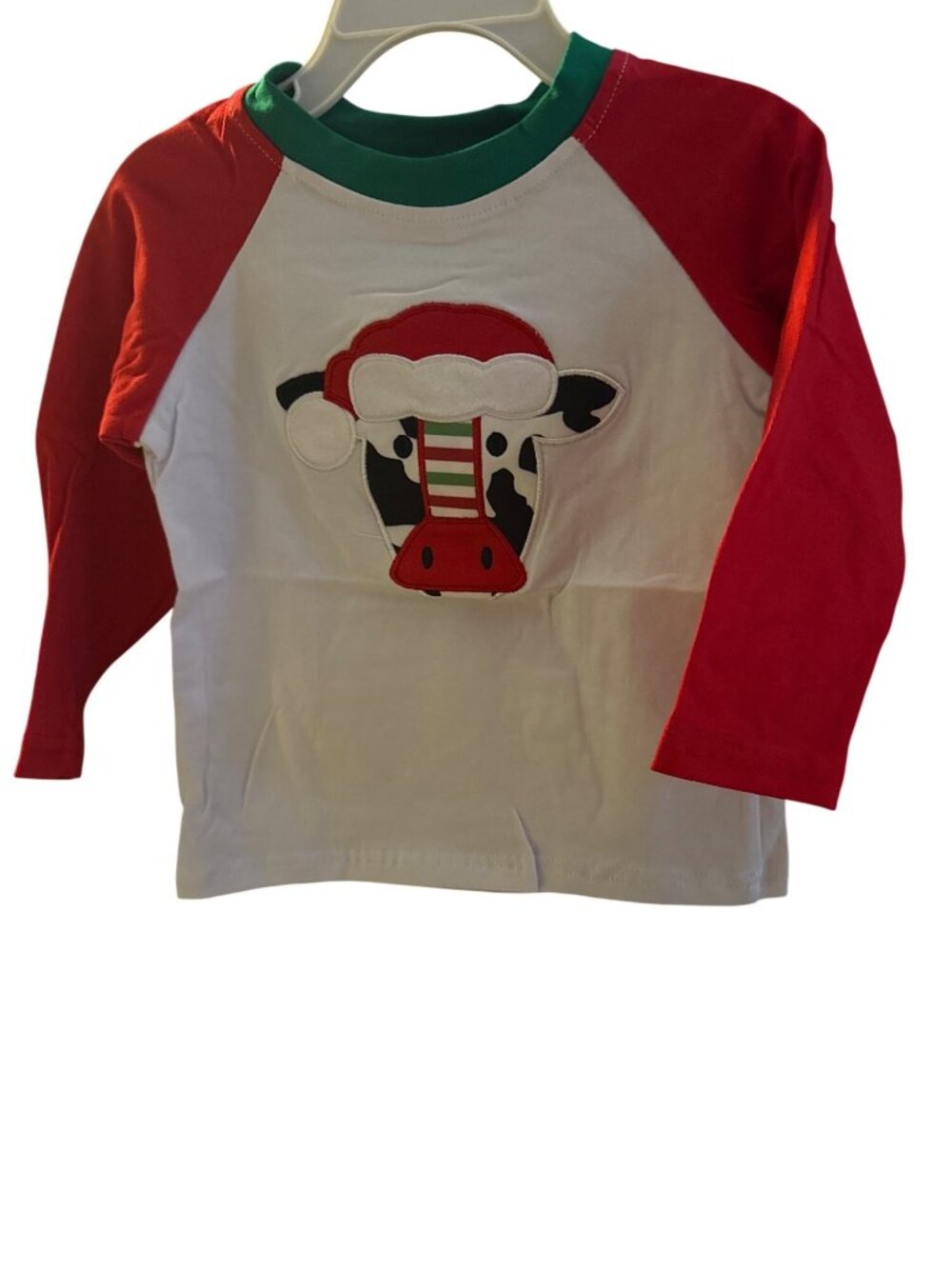 Christmas Cow Raglan Shirt XXS 12-18 Months Green Red Long Sleeve Kids Tee